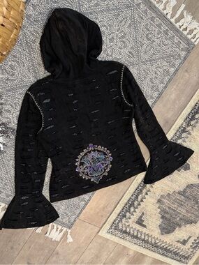 JAYLI Boutique Women’s Razor Cut Distressed Zip Hoodie Jacket Boho Goth Medium